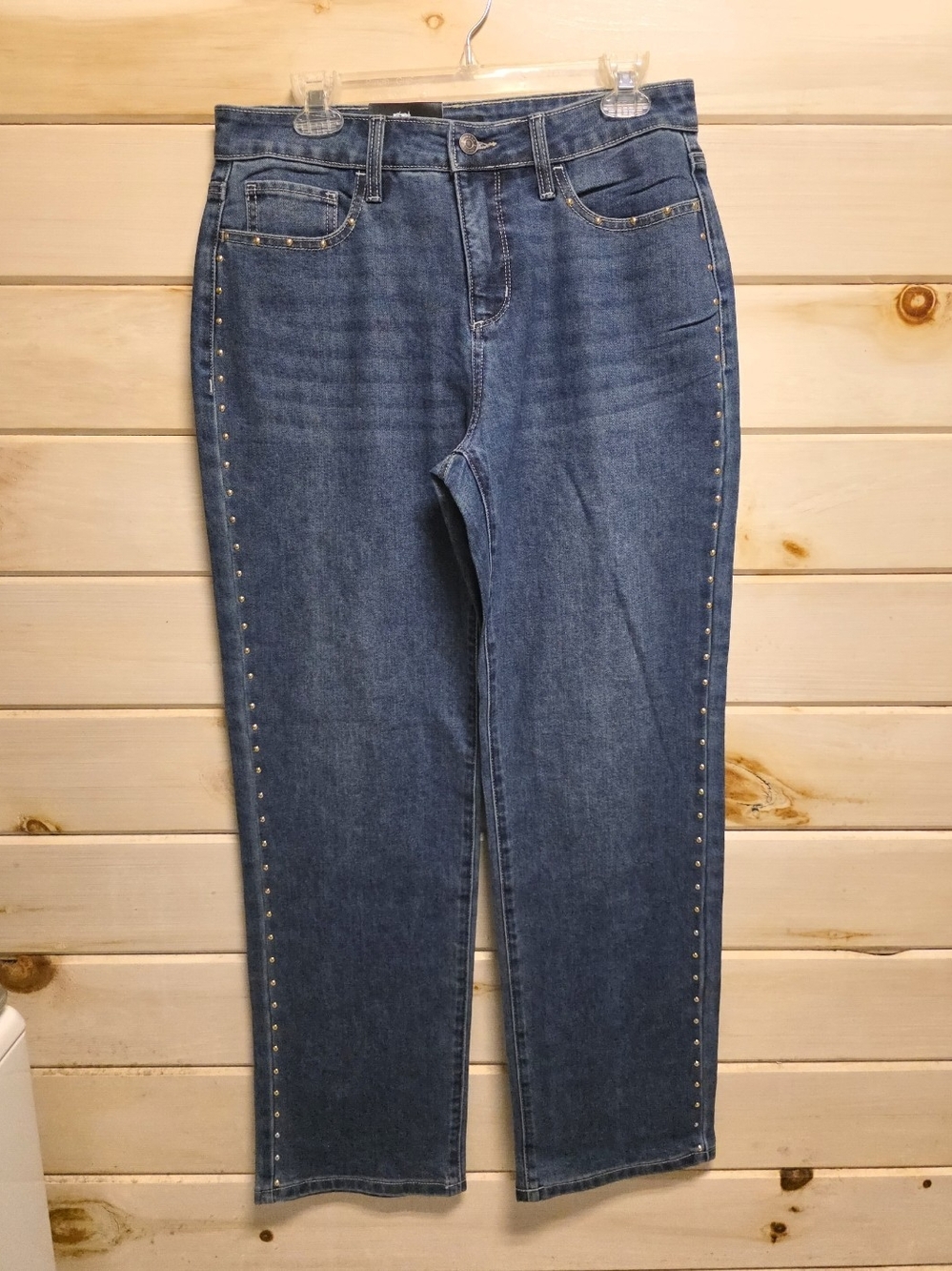 Express Women's Blue Straight-Leg Jeans with Side Studs